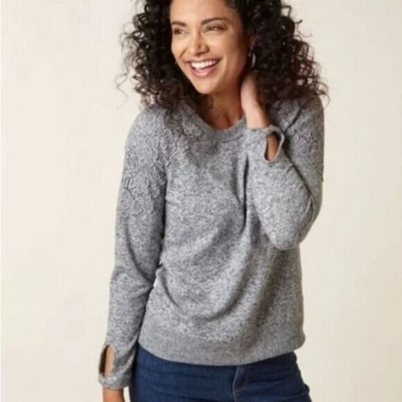 CLEO / Floral Lace Applique Hacchi Fitted Soft Sweater Gray Sz XS - Picture 1 of 13